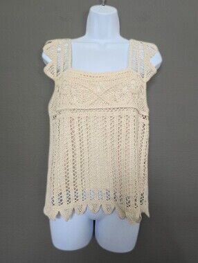 Vintage Boho Crochet Beige Top Blouse Size Small Granny Hippie